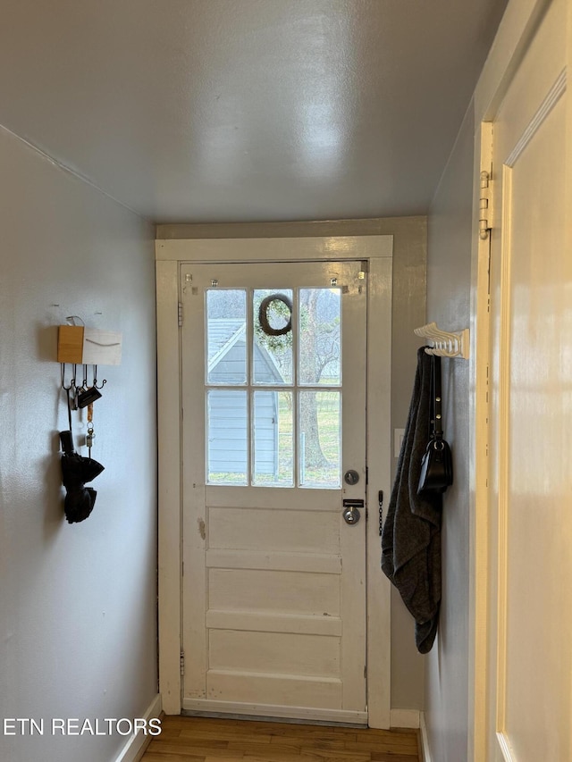 entryway featuring baseboards and wood finished floors