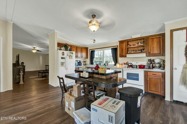 kitchen with vaulted ceiling, dark hardwood / wood-style floors, ceiling fan, crown molding, and white appliances