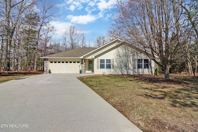 ranch-style house with driveway, an attached garage, and a front yard