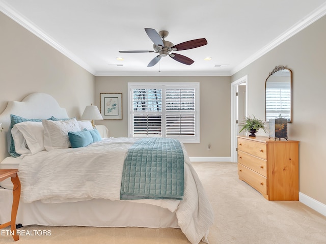 bedroom featuring a ceiling fan, baseboards, recessed lighting, crown molding, and light colored carpet