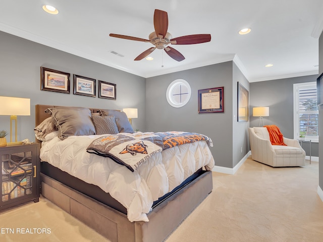 bedroom with visible vents, crown molding, baseboards, light carpet, and recessed lighting