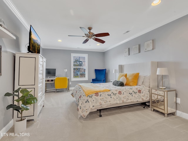 bedroom featuring visible vents, baseboards, recessed lighting, crown molding, and light colored carpet