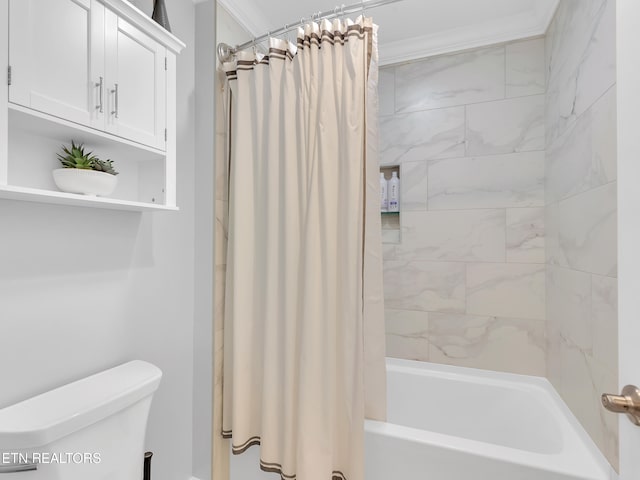 full bathroom featuring toilet, ornamental molding, and shower / bath combination with curtain