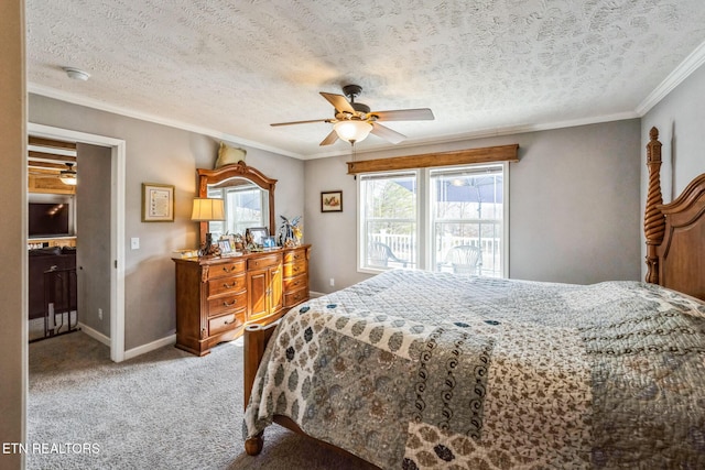 bedroom featuring a textured ceiling, baseboards, crown molding, and light colored carpet