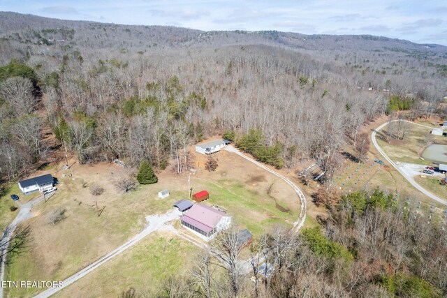 birds eye view of property featuring a forest view and a mountain view