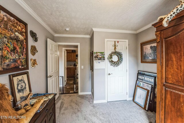 entrance foyer featuring light carpet, crown molding, a textured ceiling, and baseboards