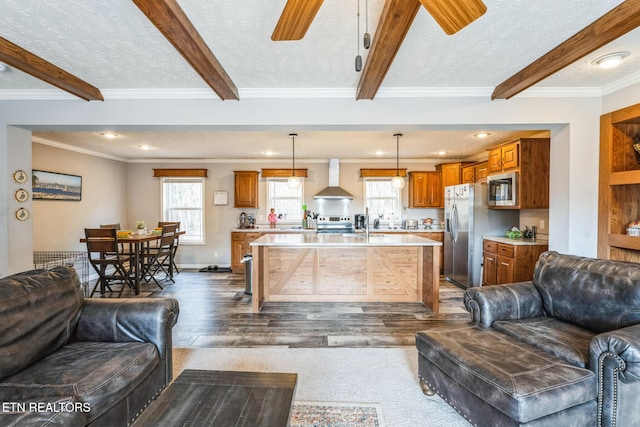 living room featuring a textured ceiling, dark wood-style flooring, beamed ceiling, and baseboards