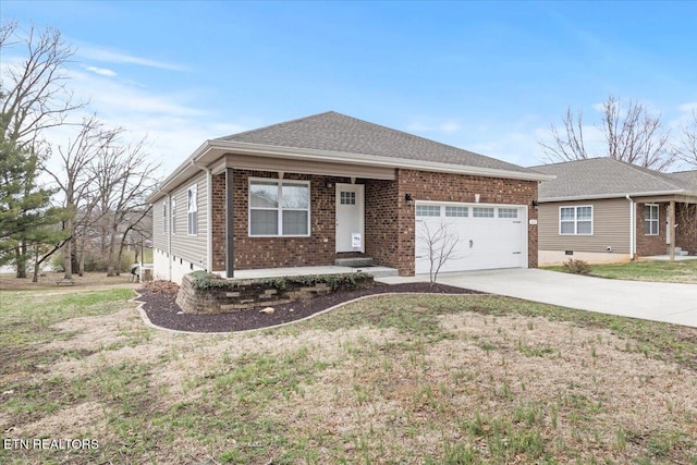 view of front of house with brick siding, roof with shingles, concrete driveway, an attached garage, and a front lawn