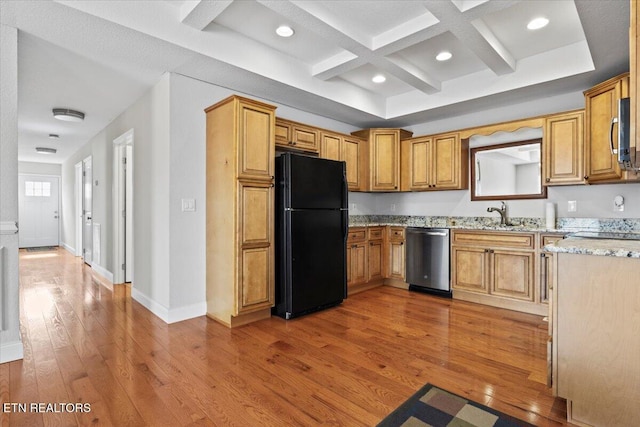 kitchen with stainless steel appliances, coffered ceiling, baseboards, light wood-type flooring, and beam ceiling