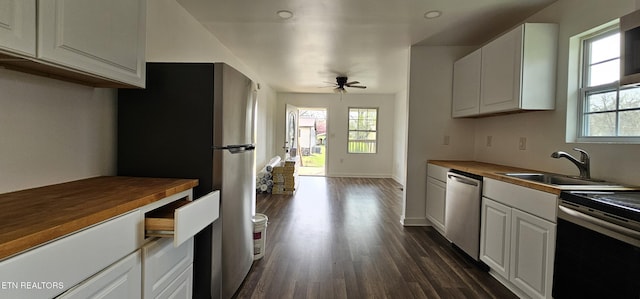 kitchen featuring plenty of natural light, wood counters, a sink, and stainless steel appliances