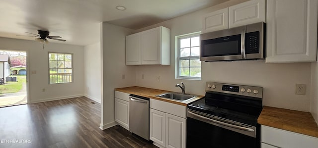 kitchen with wood counters, a sink, stainless steel appliances, and white cabinetry