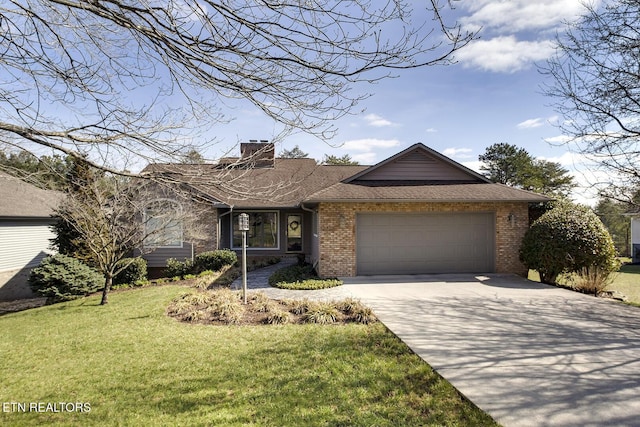 ranch-style house with a garage, brick siding, driveway, a front lawn, and a chimney