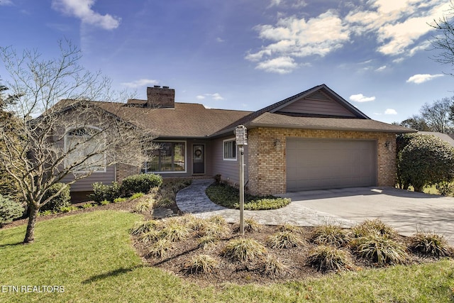 ranch-style house with a garage, concrete driveway, a chimney, a front lawn, and brick siding