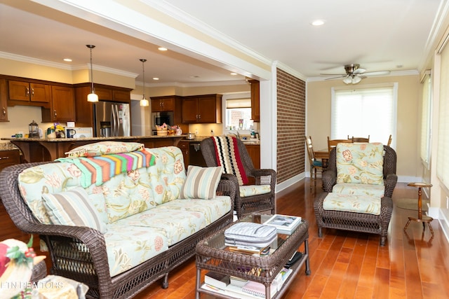 1017 Old Knoxville Hwy, Sevierville, TN 37862 - living room with ceiling fan, crown molding, and dark hardwood / wood-style floors