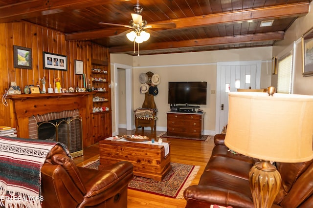 1017 Old Knoxville Hwy, Sevierville, TN 37862 - living room with light hardwood / wood-style floors, wood ceiling, wood walls, a fireplace, and beamed ceiling