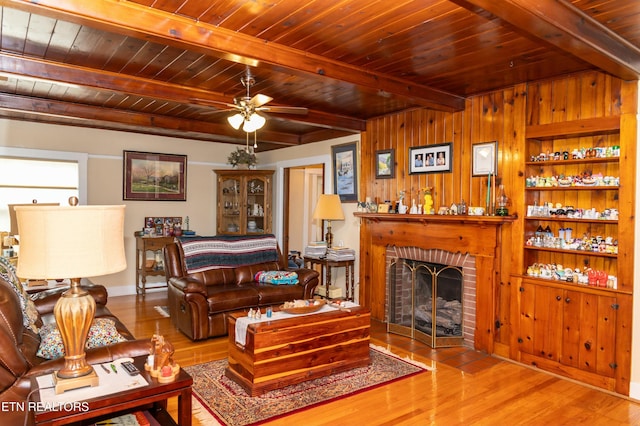 1017 Old Knoxville Hwy, Sevierville, TN 37862 - living room with light wood-type flooring, ceiling fan, wooden ceiling, a fireplace, and beam ceiling