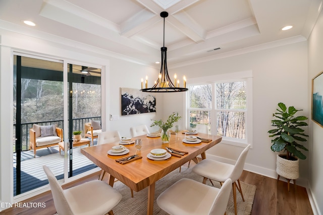 dining area featuring dark hardwood / wood-style flooring, beam ceiling, a notable chandelier, ornamental molding, and coffered ceiling