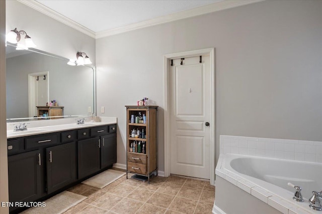 full bathroom with a sink, crown molding, a bath, double vanity, and tile patterned floors