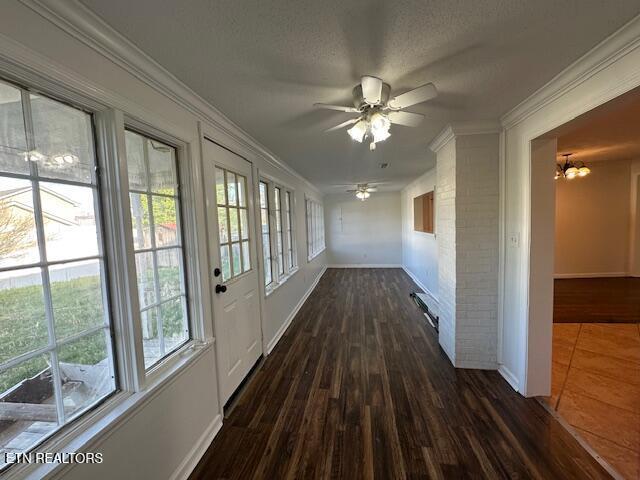 corridor featuring a wealth of natural light, baseboards, and dark wood-style flooring