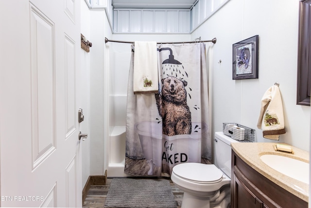 full bathroom featuring toilet, vanity, and a shower with shower curtain