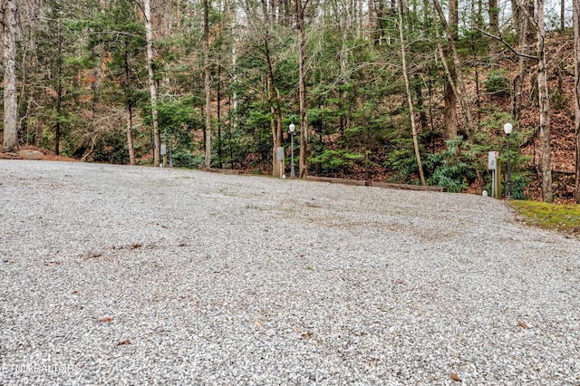 view of road featuring a forest view