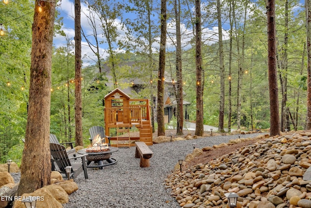 view of yard featuring a fire pit and a playground