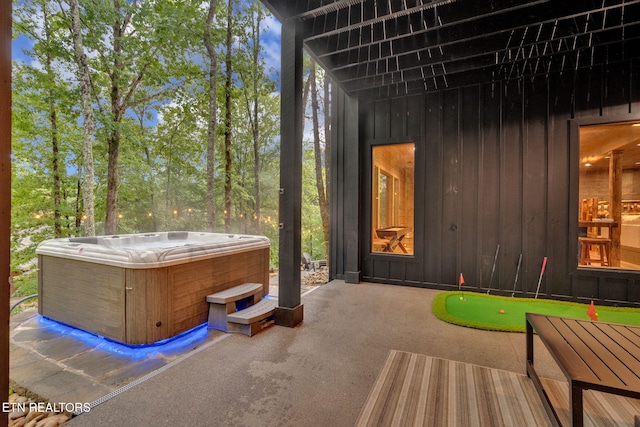 view of patio featuring a hot tub