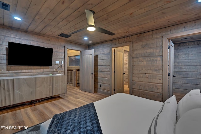 bedroom with visible vents, recessed lighting, wood ceiling, and light wood-style floors