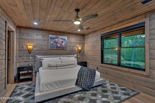 bedroom with wooden ceiling, visible vents, and wood finished floors