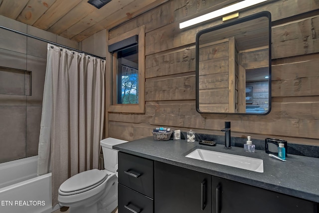 bathroom with shower / bath combo, wooden ceiling, vanity, and toilet