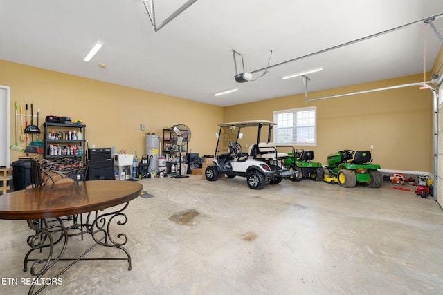 garage with a garage door opener and gas water heater