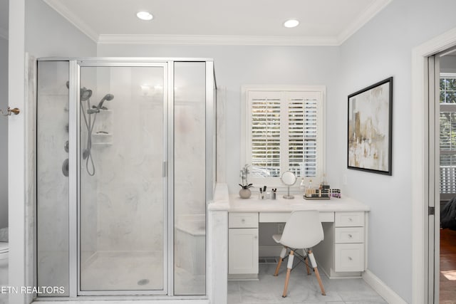 full bath with baseboards, recessed lighting, a shower stall, and crown molding