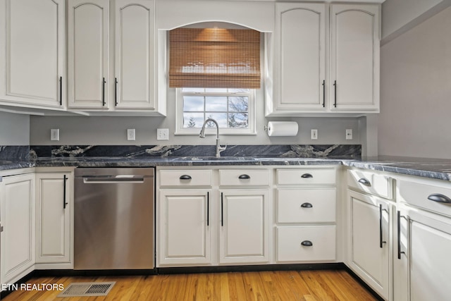 kitchen with stainless steel dishwasher and white cabinetry