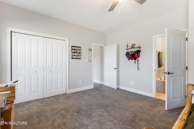 bedroom with dark carpet, ceiling fan, and a closet