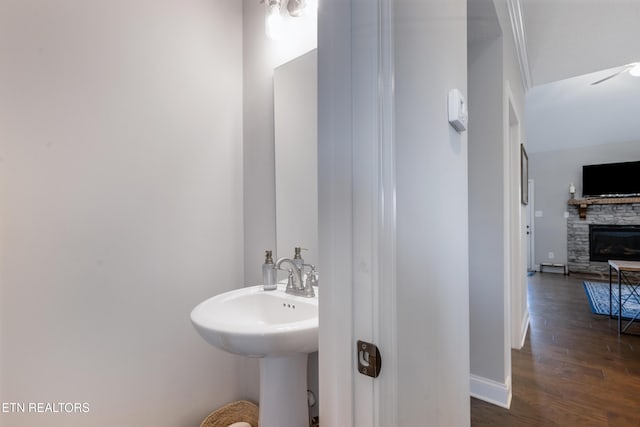 bathroom featuring wood-type flooring and a stone fireplace