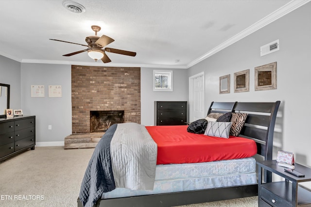 carpeted bedroom featuring a brick fireplace, visible vents, and ornamental molding