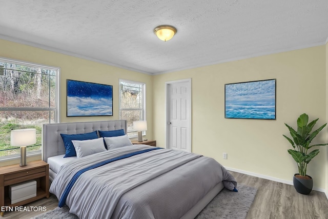 bedroom featuring hardwood / wood-style floors, multiple windows, and a textured ceiling