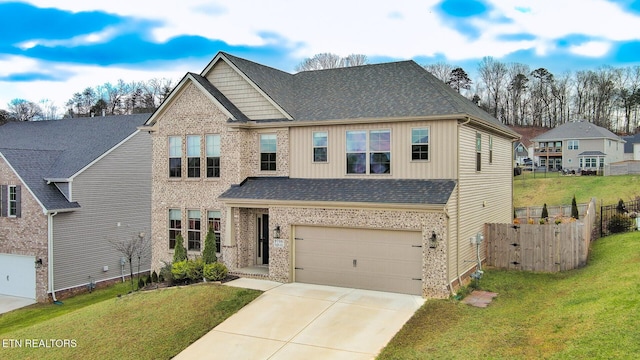 view of front of house with board and batten siding, a front yard, concrete driveway, and fence