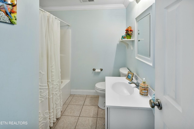 bathroom with shower / bath combination with curtain, toilet, ornamental molding, vanity, and tile patterned flooring