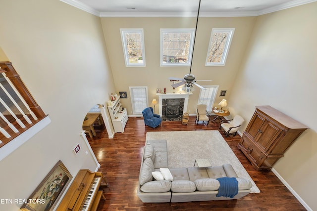 living area featuring a healthy amount of sunlight, crown molding, a premium fireplace, and dark wood-type flooring