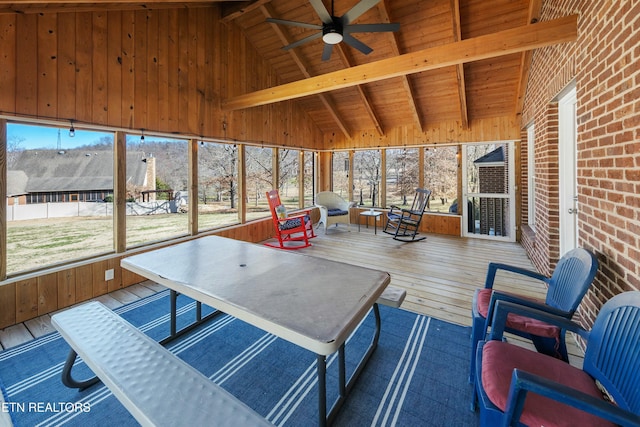 sunroom with lofted ceiling with beams, a ceiling fan, wood ceiling, and a healthy amount of sunlight