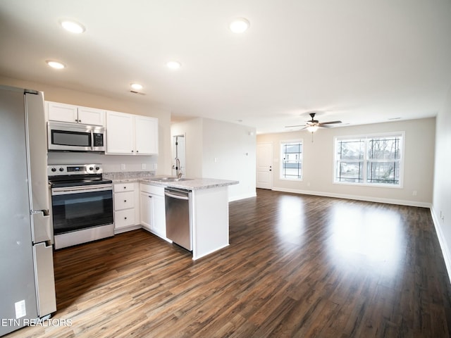 kitchen with appliances with stainless steel finishes, white cabinets, dark hardwood / wood-style floors, and kitchen peninsula