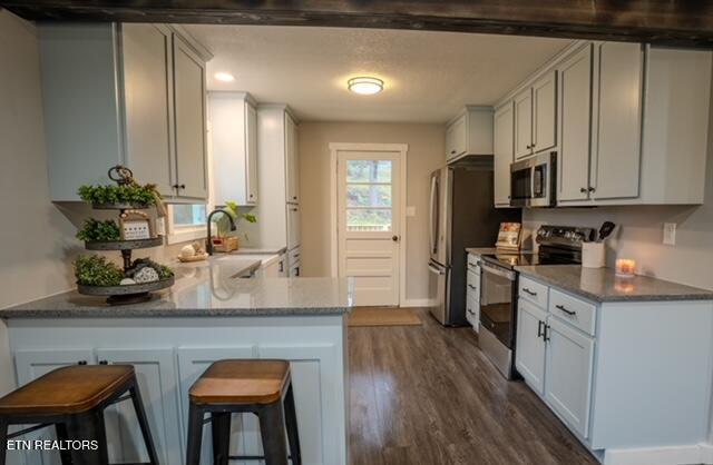 kitchen featuring appliances with stainless steel finishes, stone countertops, dark wood-type flooring, a sink, and a kitchen breakfast bar