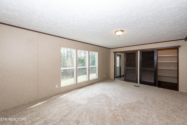 unfurnished bedroom with carpet floors, ornamental molding, and a textured ceiling