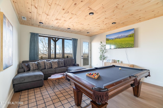 recreation room featuring billiards, wooden ceiling, and light hardwood / wood-style flooring