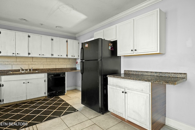 kitchen featuring black appliances, white cabinetry, a sink, and ornamental molding