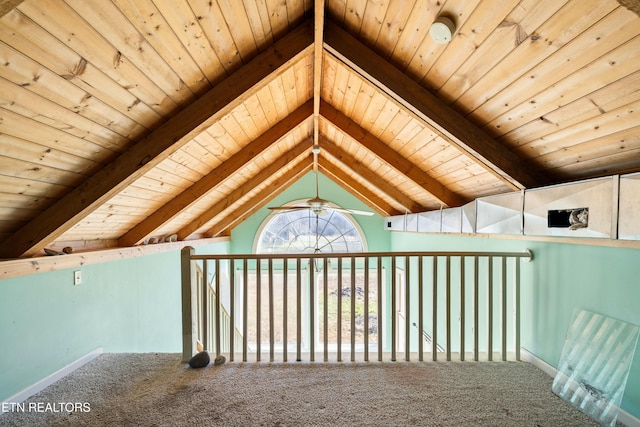 bonus room with lofted ceiling with beams, wooden ceiling, carpet, and a ceiling fan