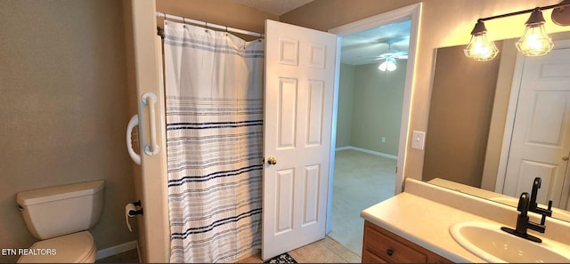 bathroom with tile patterned flooring, toilet, walk in shower, ceiling fan, and vanity