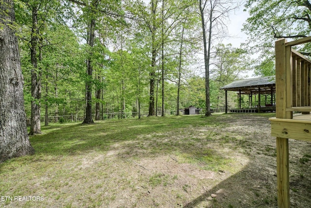 view of yard with an outbuilding and fence