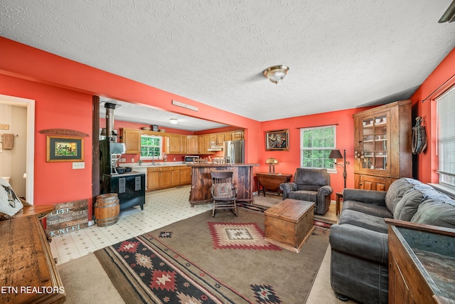 living room with a textured ceiling